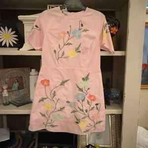 Fanm Mon Joe Floral Embroidered Crew Neck Short Sleeve Mini Dress Medium M pink